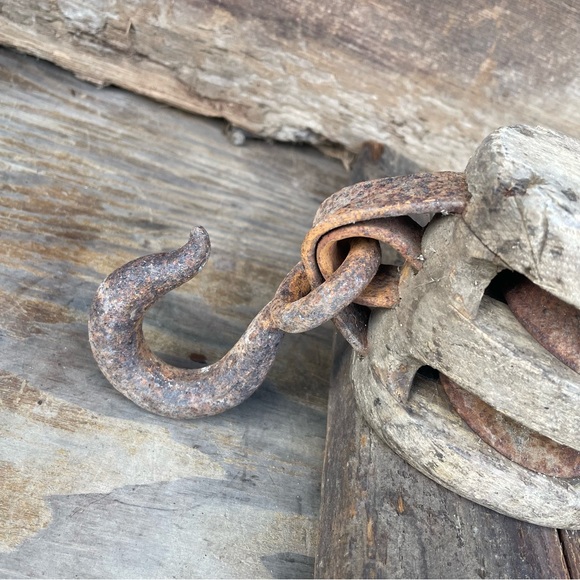 Very Vintage Rustic Wood Iron Block & Tackle Pulley Primitive - Picture 6 of 13